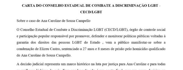 Secretaria da Diversidade divulga Carta Oficial do CECDLGBT sobre o caso de Ana Caroline de Sousa Campello