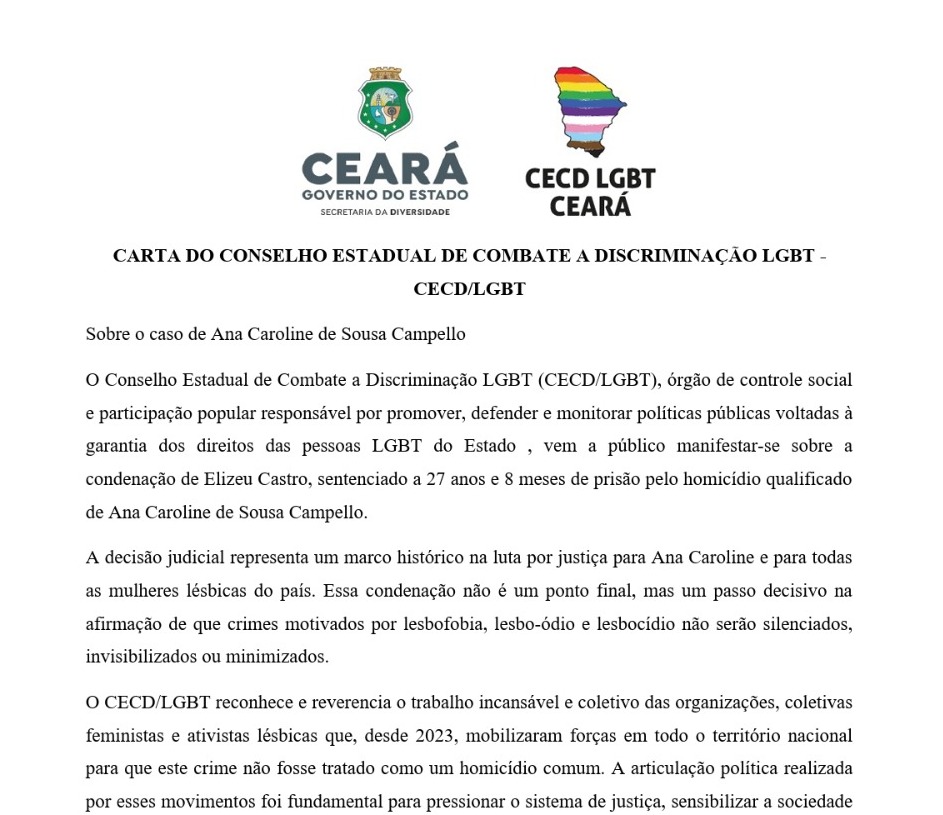 Secretaria da Diversidade divulga Carta Oficial do CECD LGBT sobre o caso de Ana Caroline de Sousa Campello