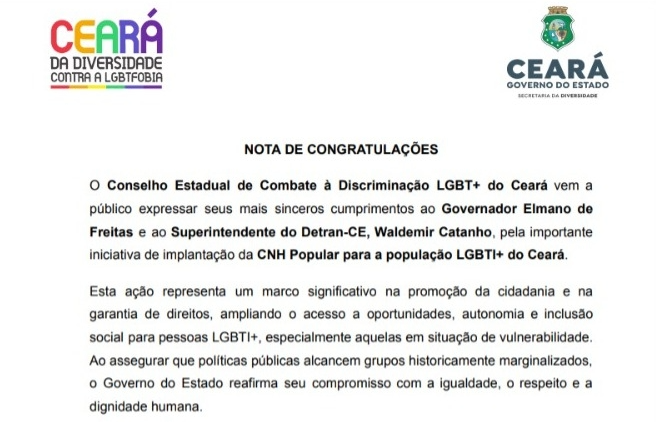 Conselho Estadual de Combate à Discriminação LGBT+ parabeniza Governo do Ceará pela implantação da CNH Popular para a população LGBTI+