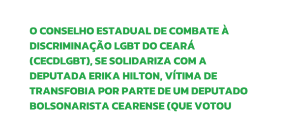 Conselho Estadual de Combate à Discriminação LGBTI+ do Ceará lança nota de solidariedade à deputada Erika Hilton e de repúdio à transfobia
