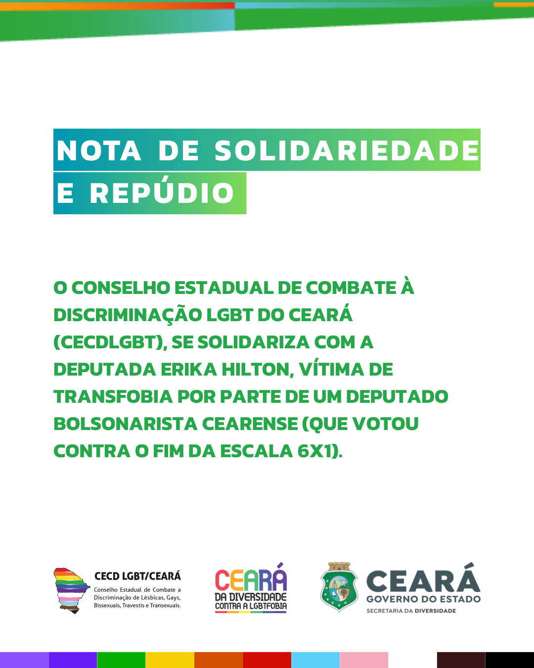 Conselho Estadual de Combate à Discriminação LGBTI+ do Ceará lança nota de solidariedade à deputada Erika Hilton e de repúdio à transfobia
